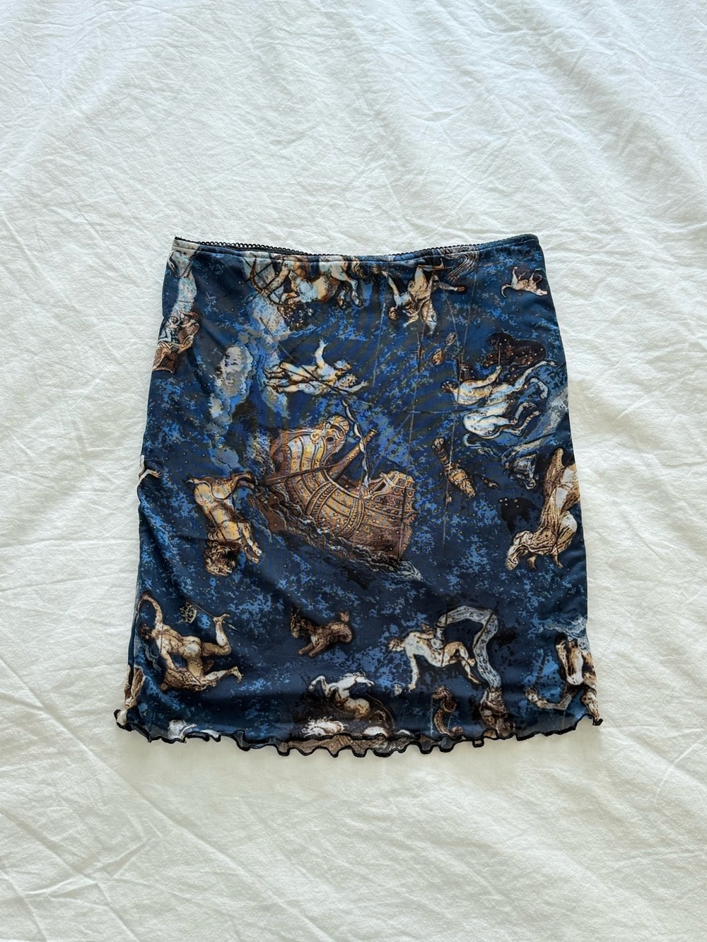 Bear Dance Navy Blue Printed Mini Skirt with Neoclassical Motif